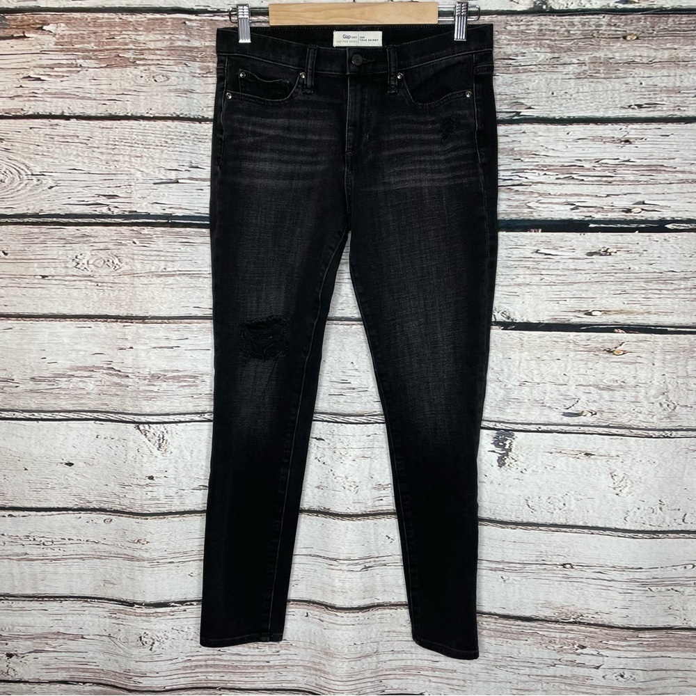 GAP 28R True Skinny Black Jeans Ripped Knee 6/28 Regular Stretch Denim Jeans EUC